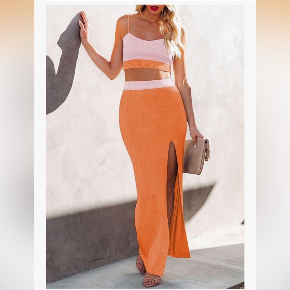 Knitted Crop Top Side Slit Midi Skirt 2 Piece Sweater Dress  Orange S/0140-1